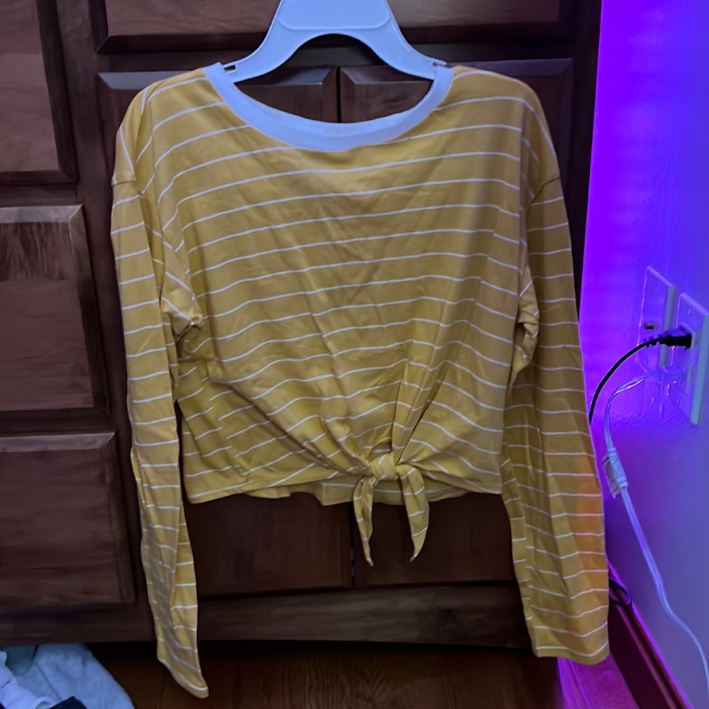 Yellow & white striped long sleeve crop top